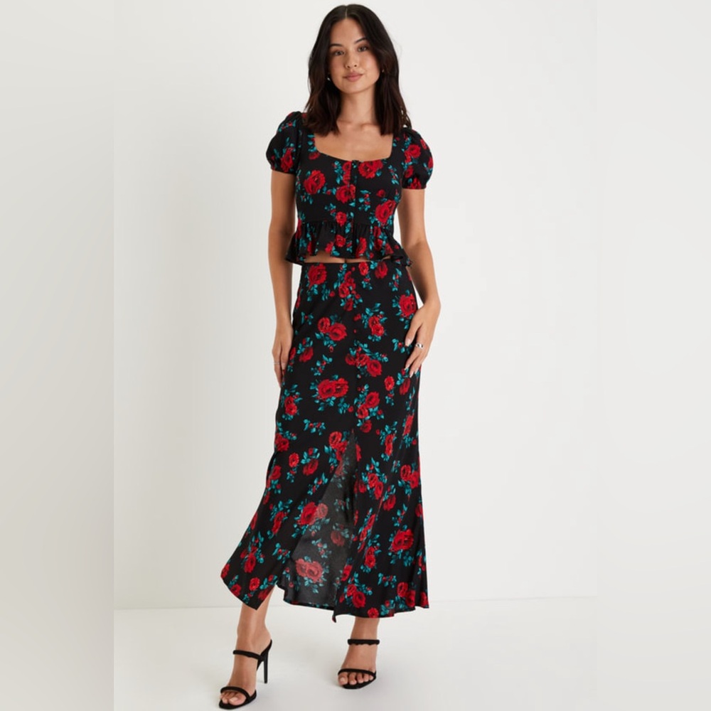 Lulu's Black Midi Skirt with Red Rose Print